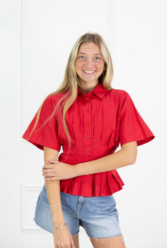 Collared Pleat Shirt Red