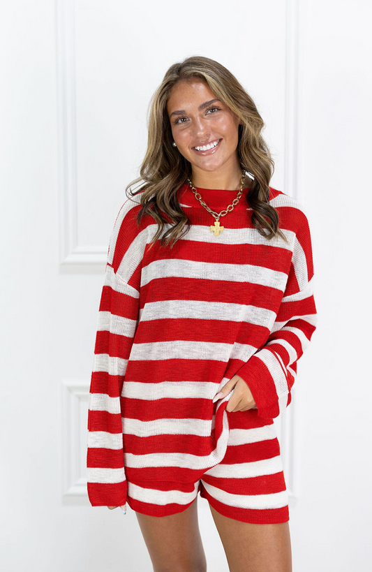 Striped Knit Sweater & Shorts Set of 2 Red/White