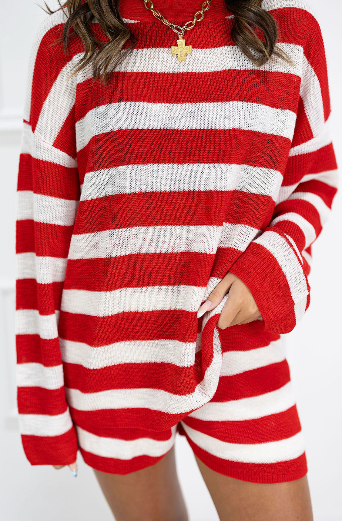 Striped Knit Sweater & Shorts Set of 2 Red/White