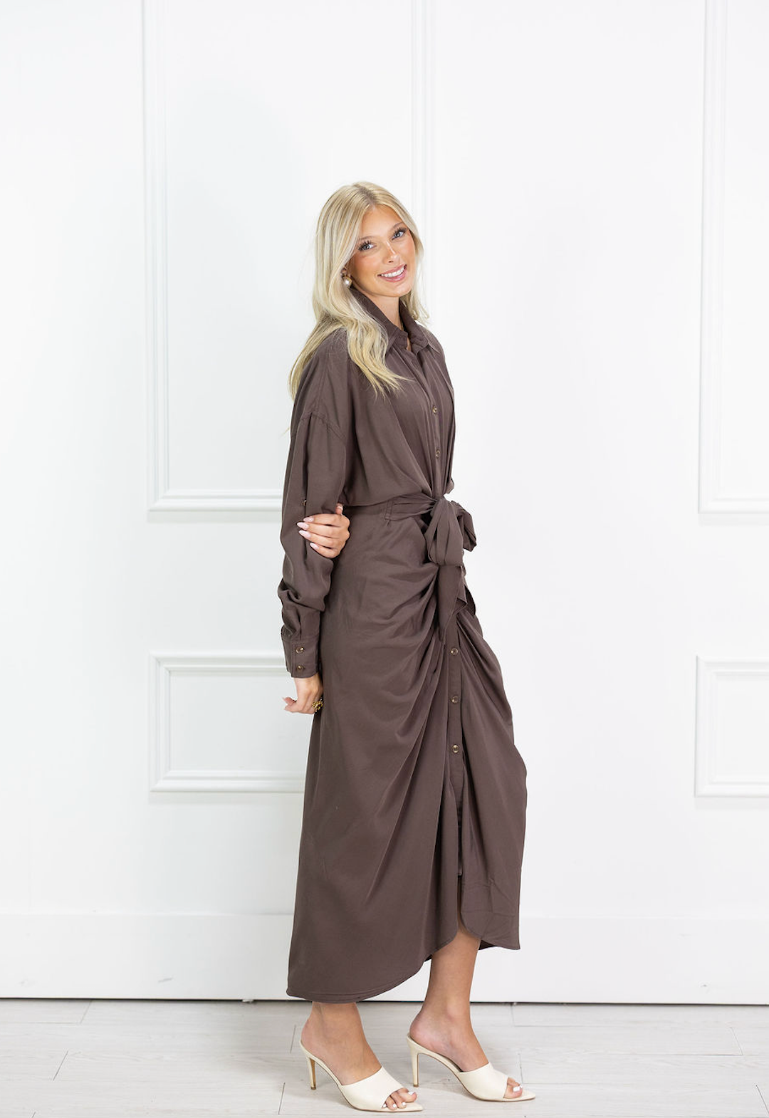 Brown Front Tie Midi Dress