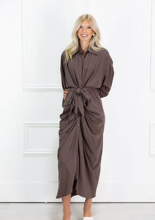 Brown Front Tie Midi Dress