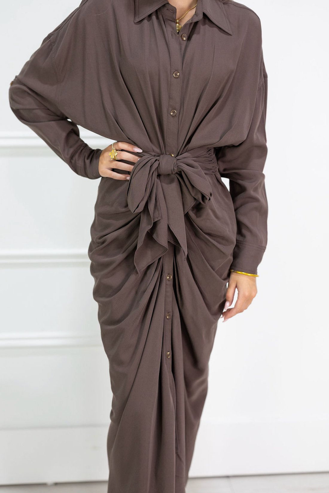 Brown Front Tie Midi Dress
