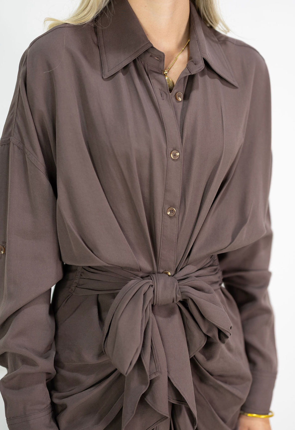 Brown Front Tie Midi Dress