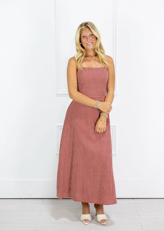 Red Gingham Tie Back Midi Dress