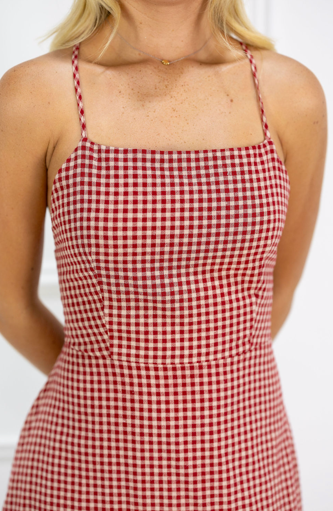 Red Gingham Tie Back Midi Dress