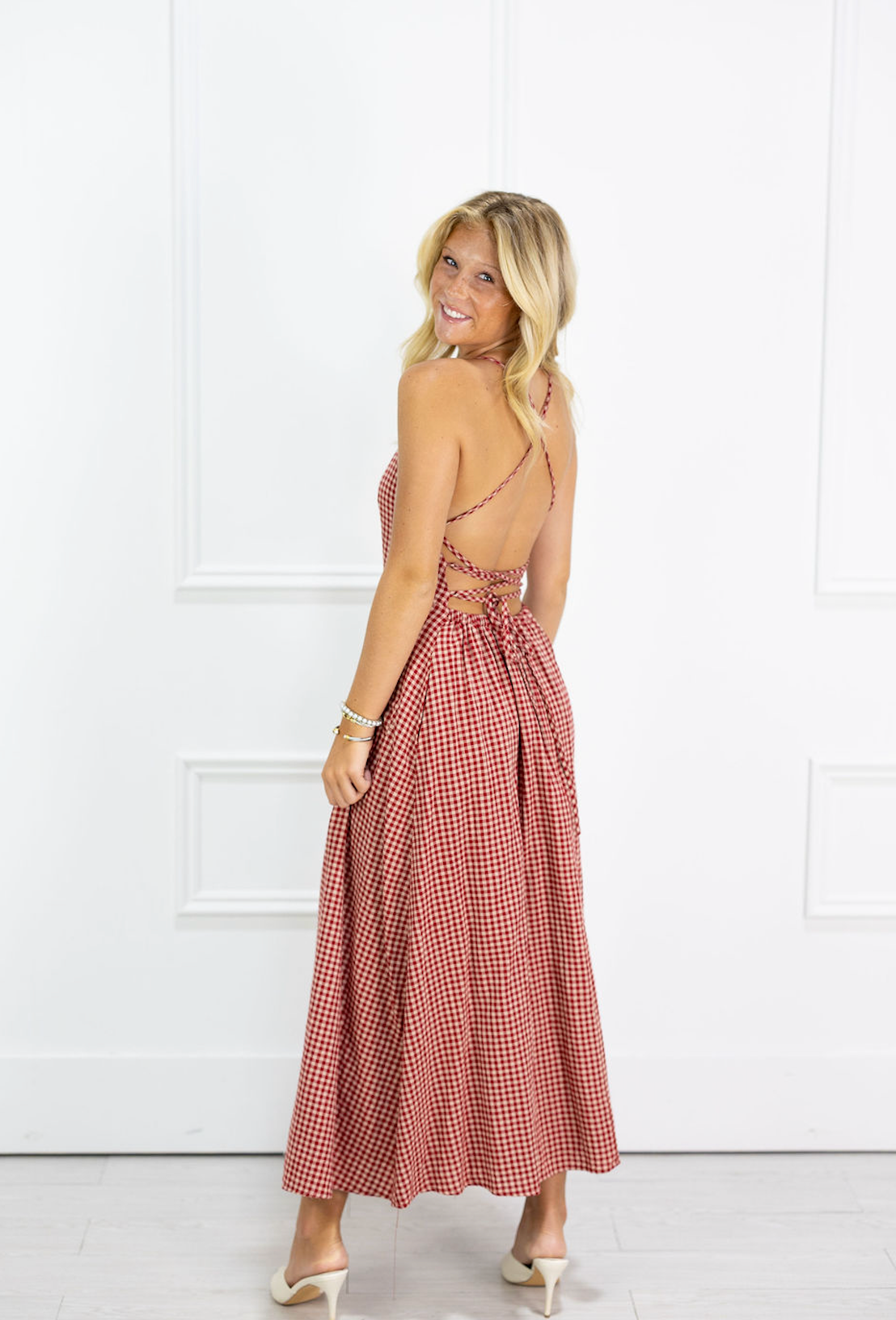 Red Gingham Tie Back Midi Dress