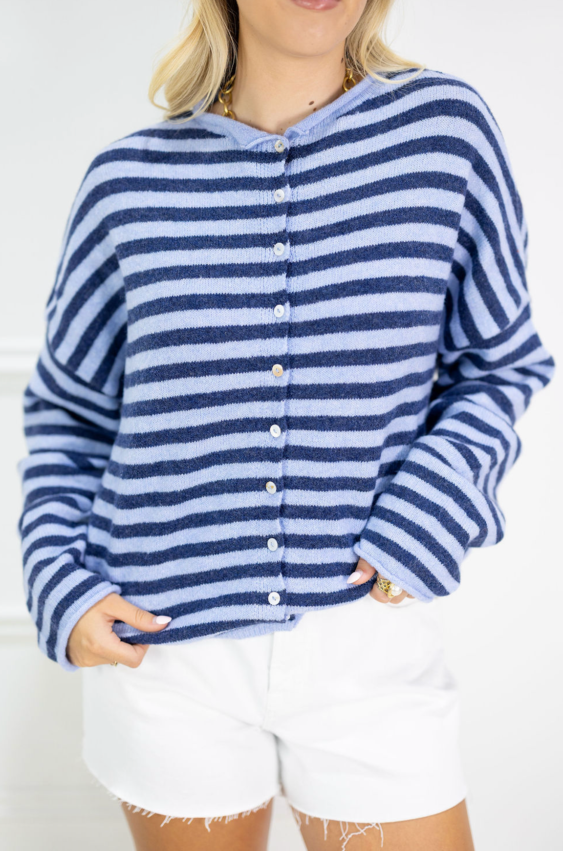 Button Down Cardi Navy Stripes