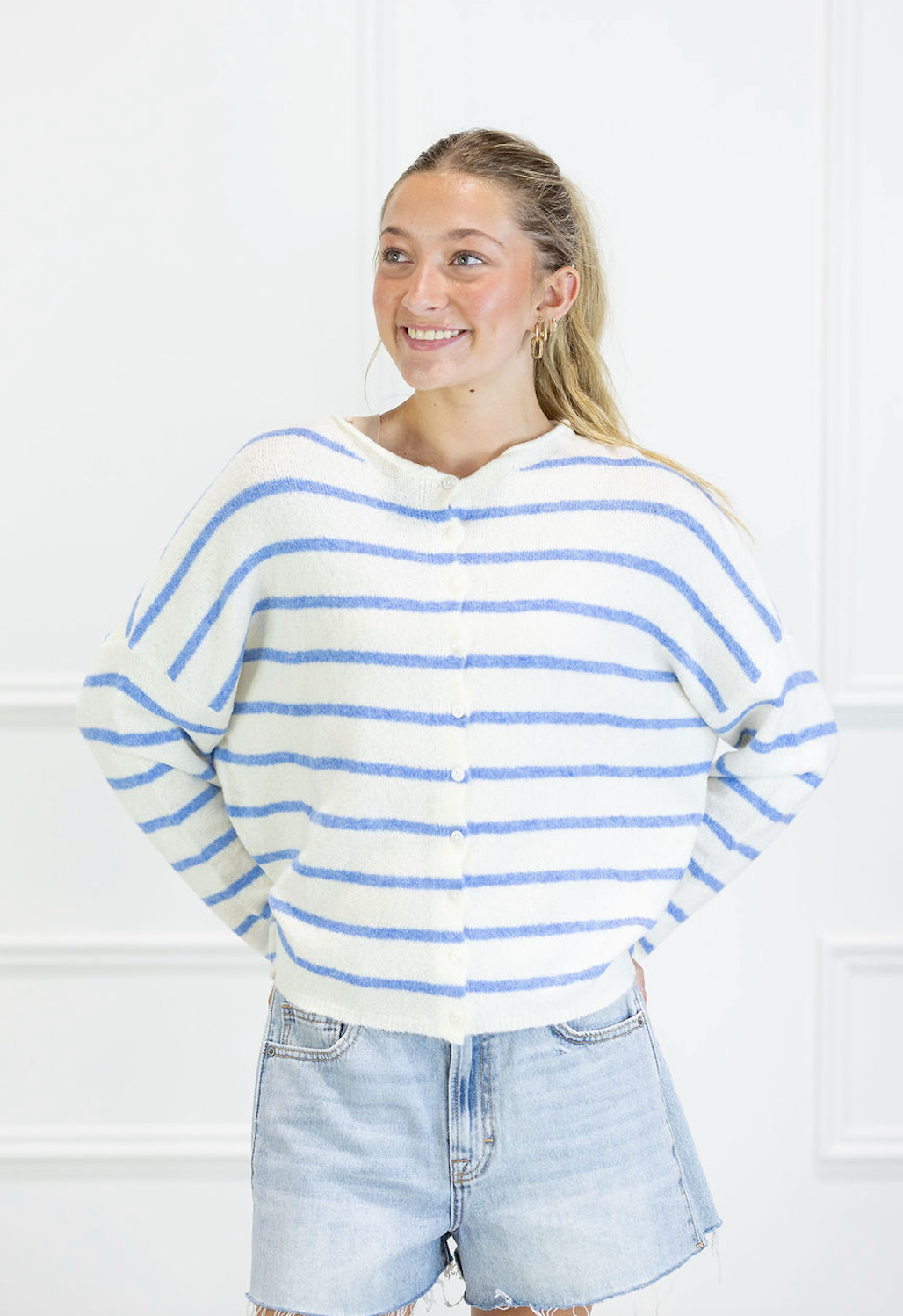 Striped Piper Cardi Light Blue/Ivory