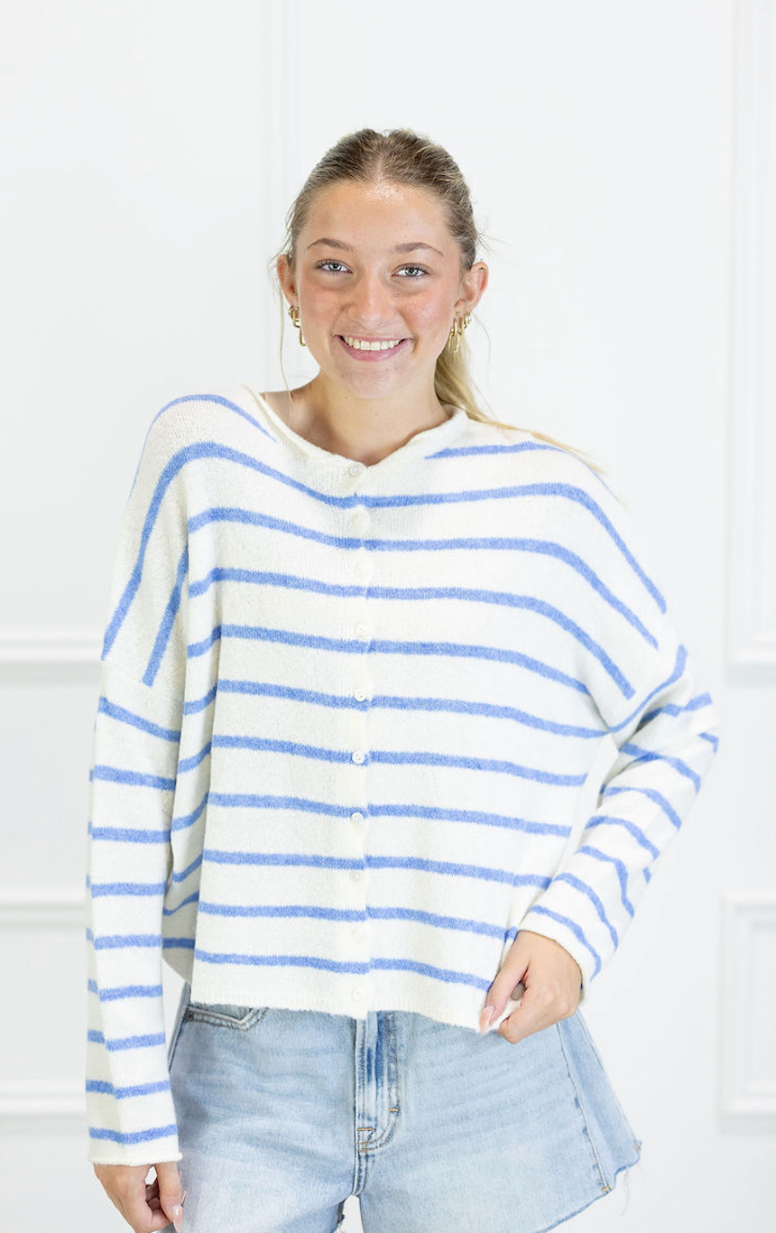 Striped Piper Cardi Light Blue/Ivory