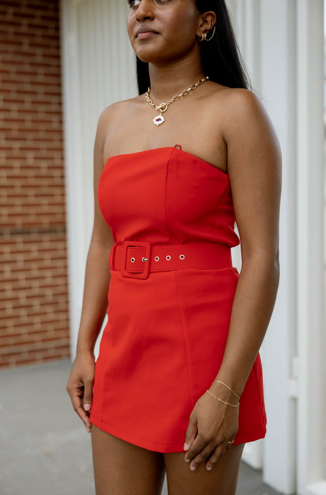 Red Strapless Romper W/ Belt