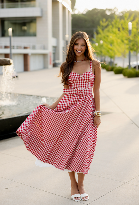 Gingham Checker Waist Belt Midi Dress Red