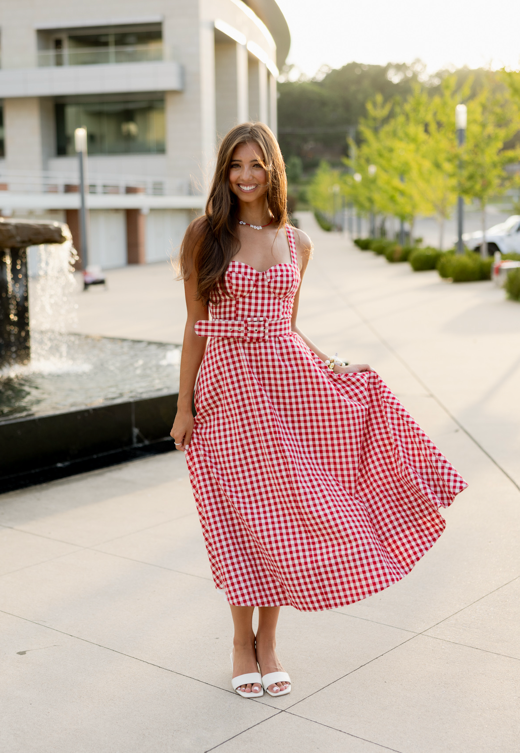 Gingham Checker Waist Belt Midi Dress Red