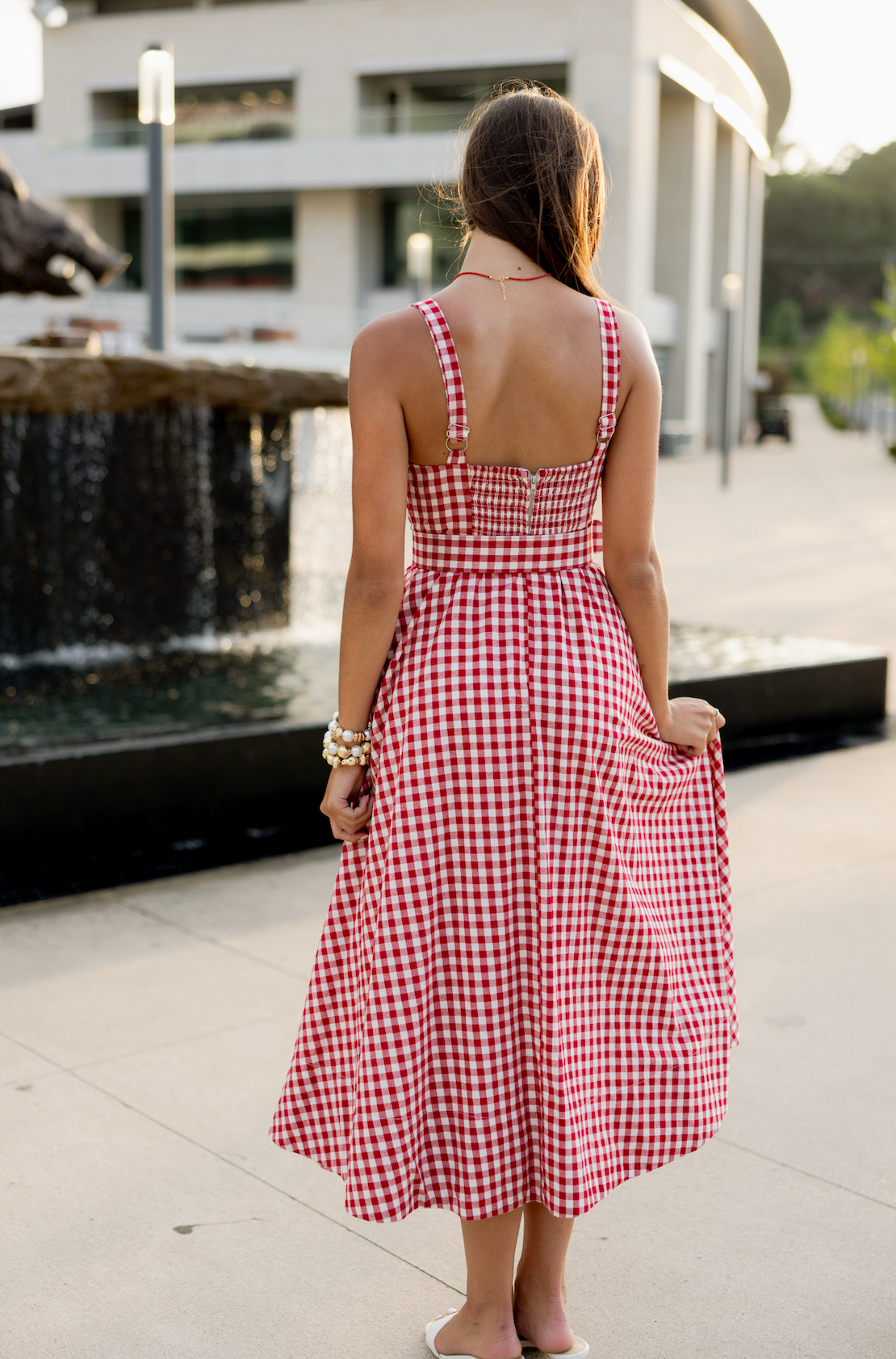 Gingham Checker Waist Belt Midi Dress Red