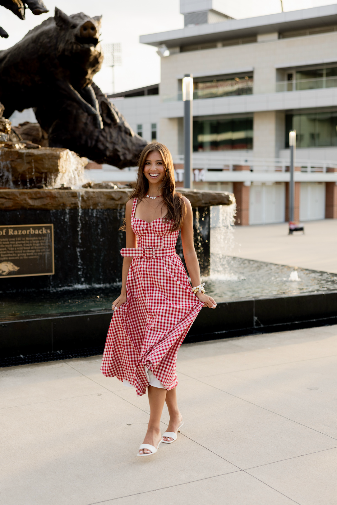 Gingham Checker Waist Belt Midi Dress Red