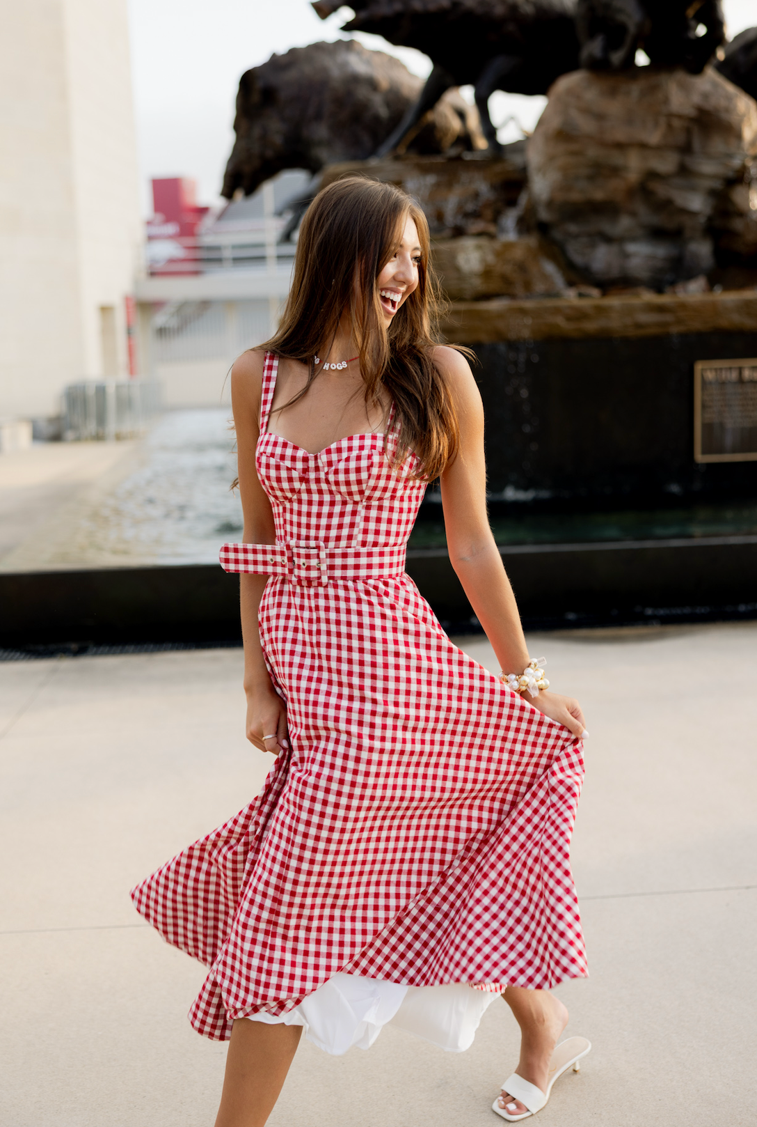 Gingham Checker Waist Belt Midi Dress Red