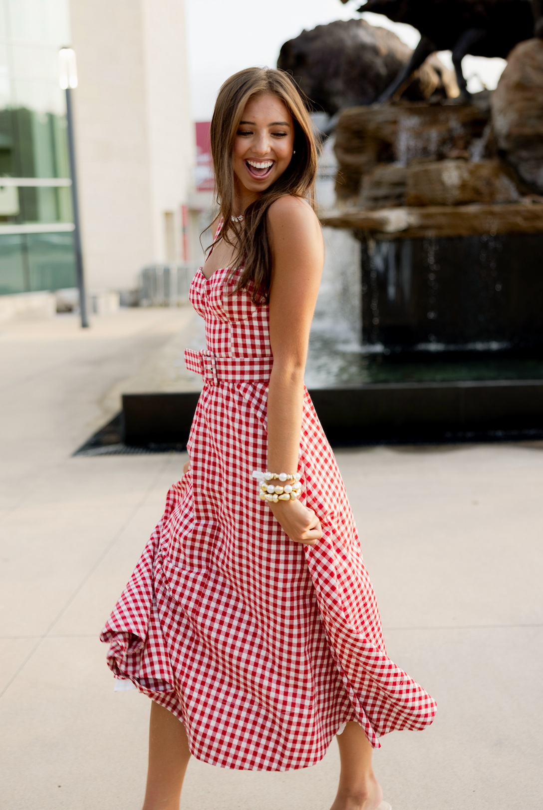 Gingham Checker Waist Belt Midi Dress Red