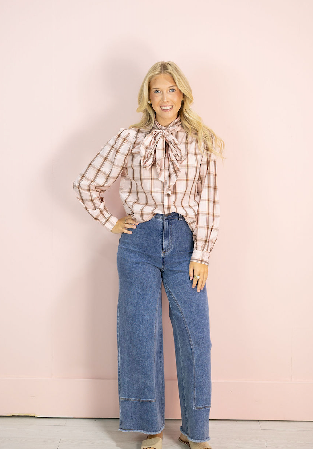 Pink Plaid Neck Tie Blouse