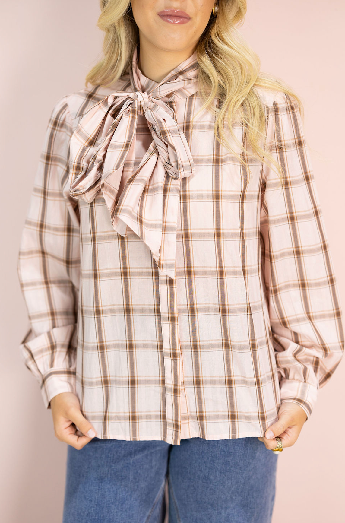 Pink Plaid Neck Tie Blouse