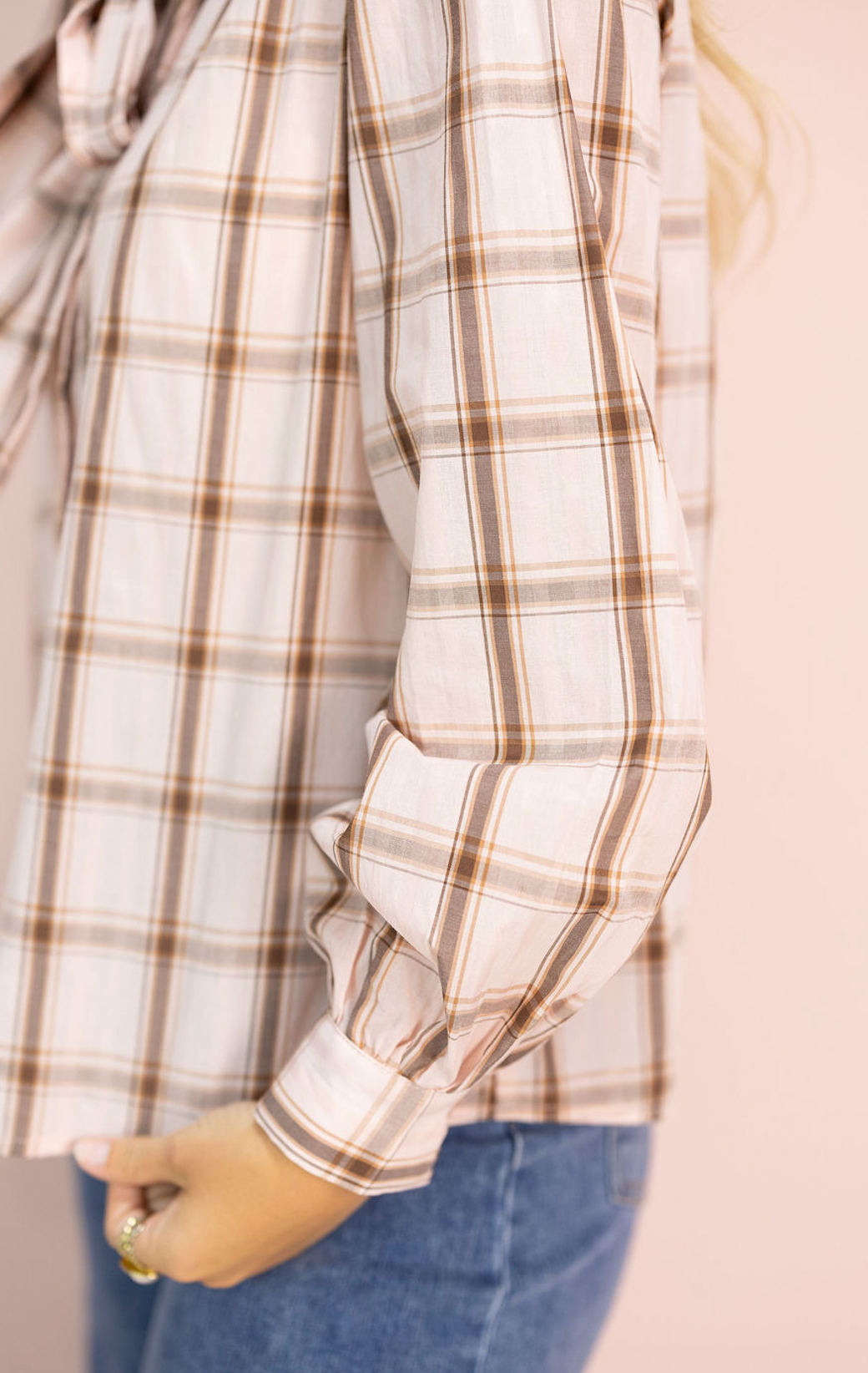 Pink Plaid Neck Tie Blouse