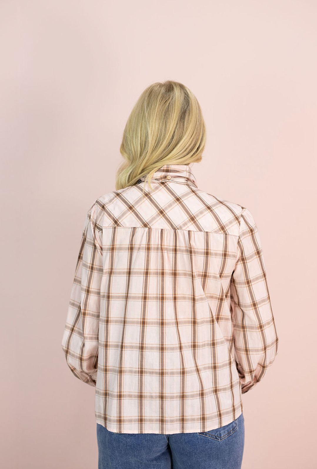 Pink Plaid Neck Tie Blouse