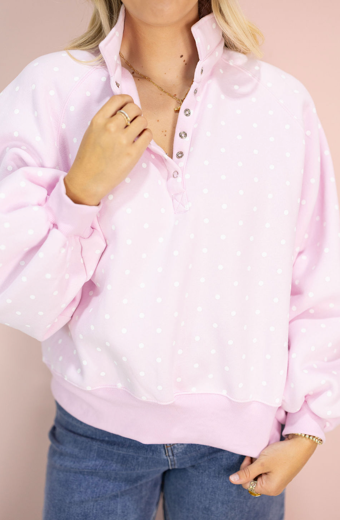 Polka Dot Snap Button Pullover Pink