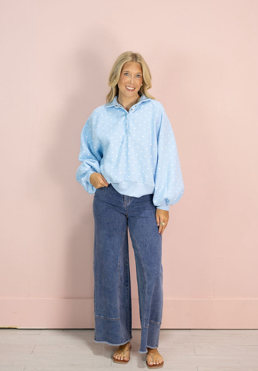 Polka Dot Snap Button Pullover Blue