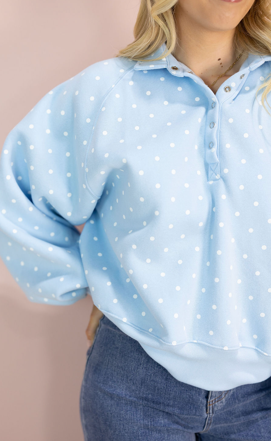 Polka Dot Snap Button Pullover Blue