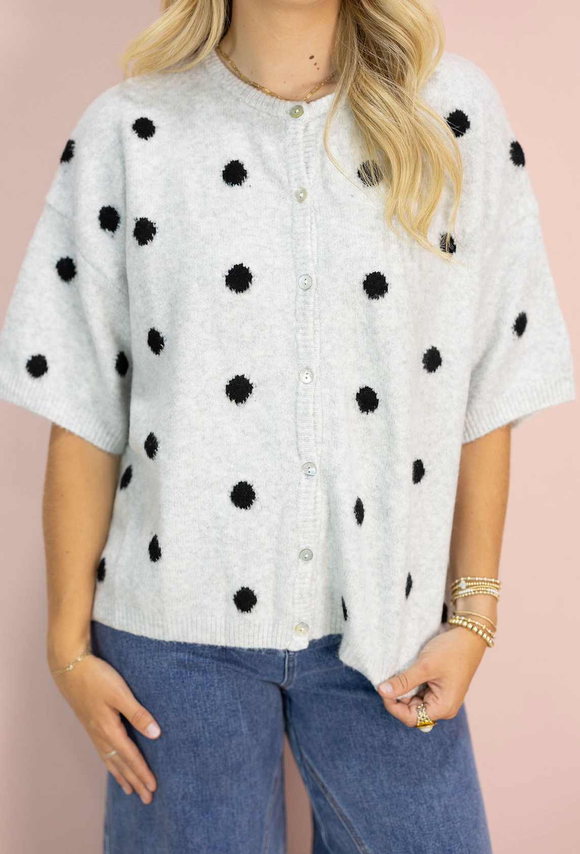 Polka Dot Crew Neck Cardigan Grey