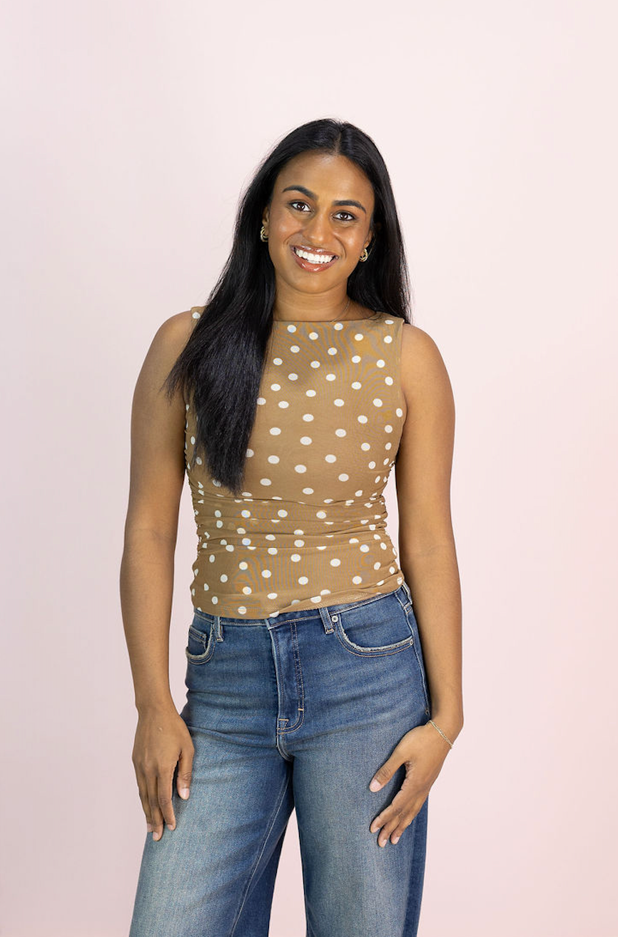 Polka Dot Mesh Tank Brown