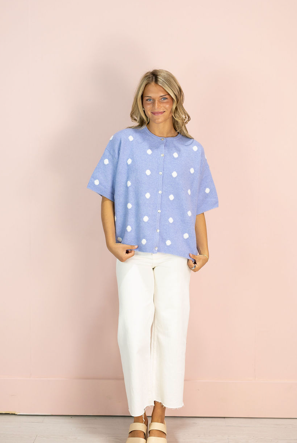 Polka Dot Crew Neck Cardigan Blue