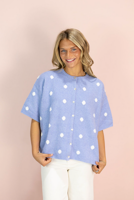 Polka Dot Crew Neck Cardigan Blue