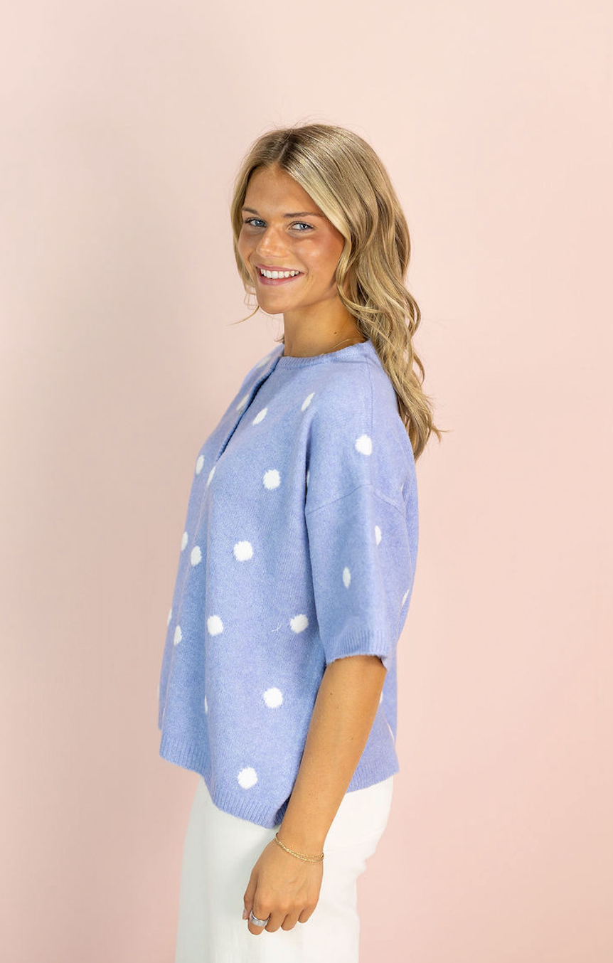 Polka Dot Crew Neck Cardigan Blue