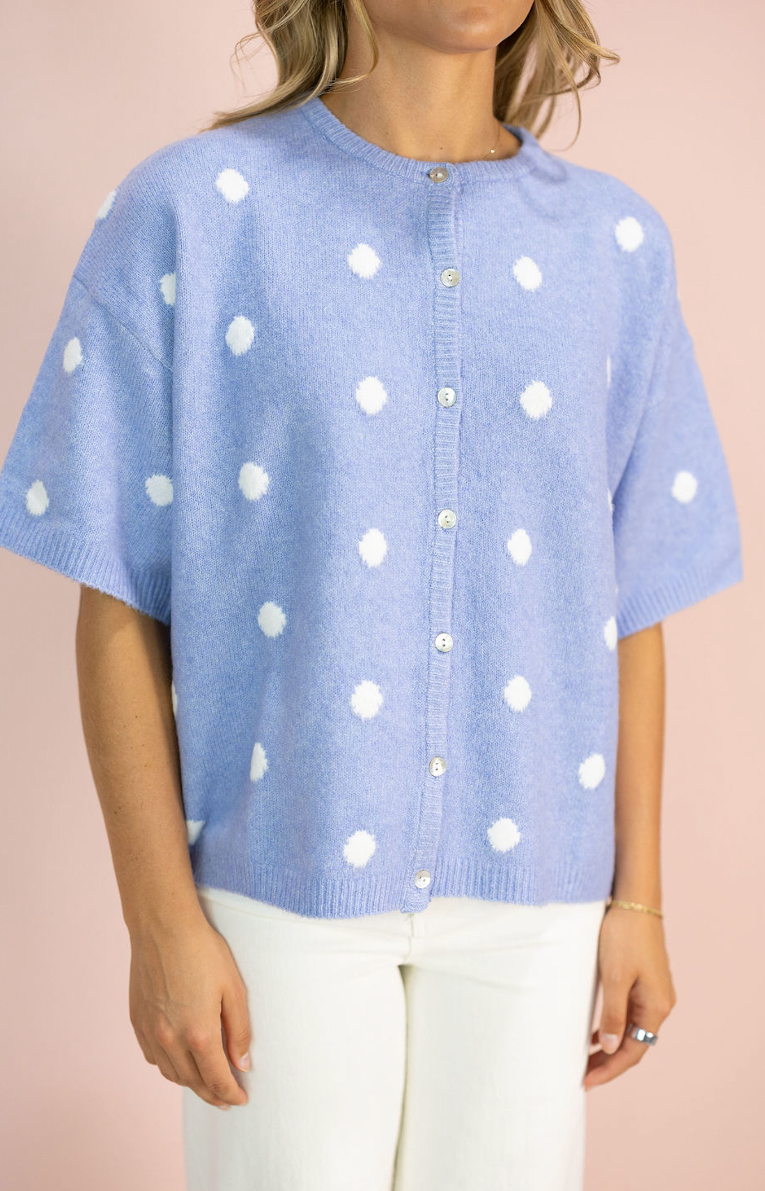 Polka Dot Crew Neck Cardigan Blue