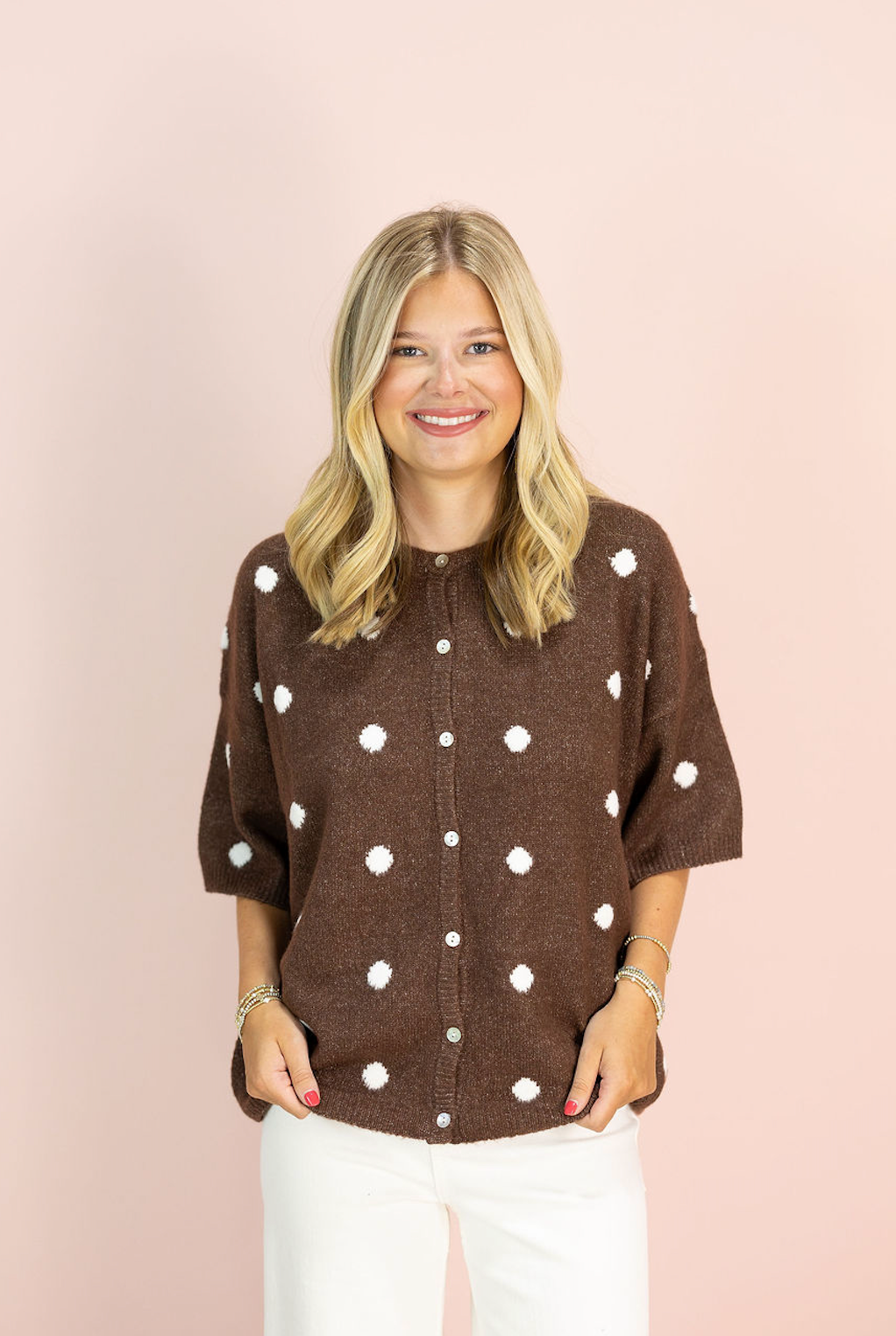 Polka Dot Crew Neck Cardigan Chocolate