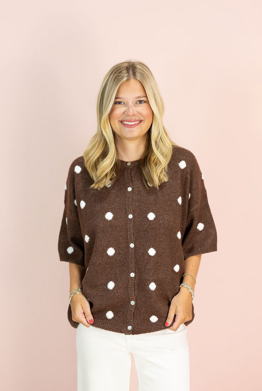 Polka Dot Crew Neck Cardigan Chocolate