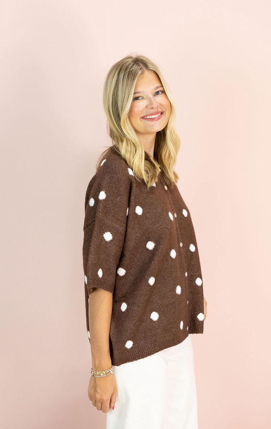 Polka Dot Crew Neck Cardigan Chocolate
