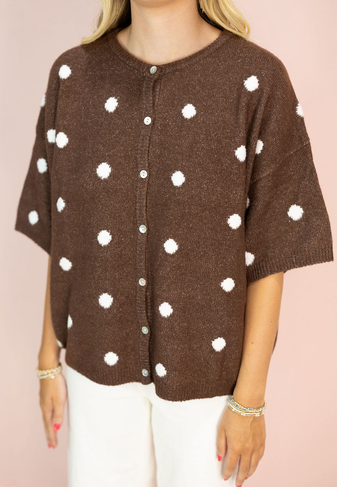 Polka Dot Crew Neck Cardigan Chocolate