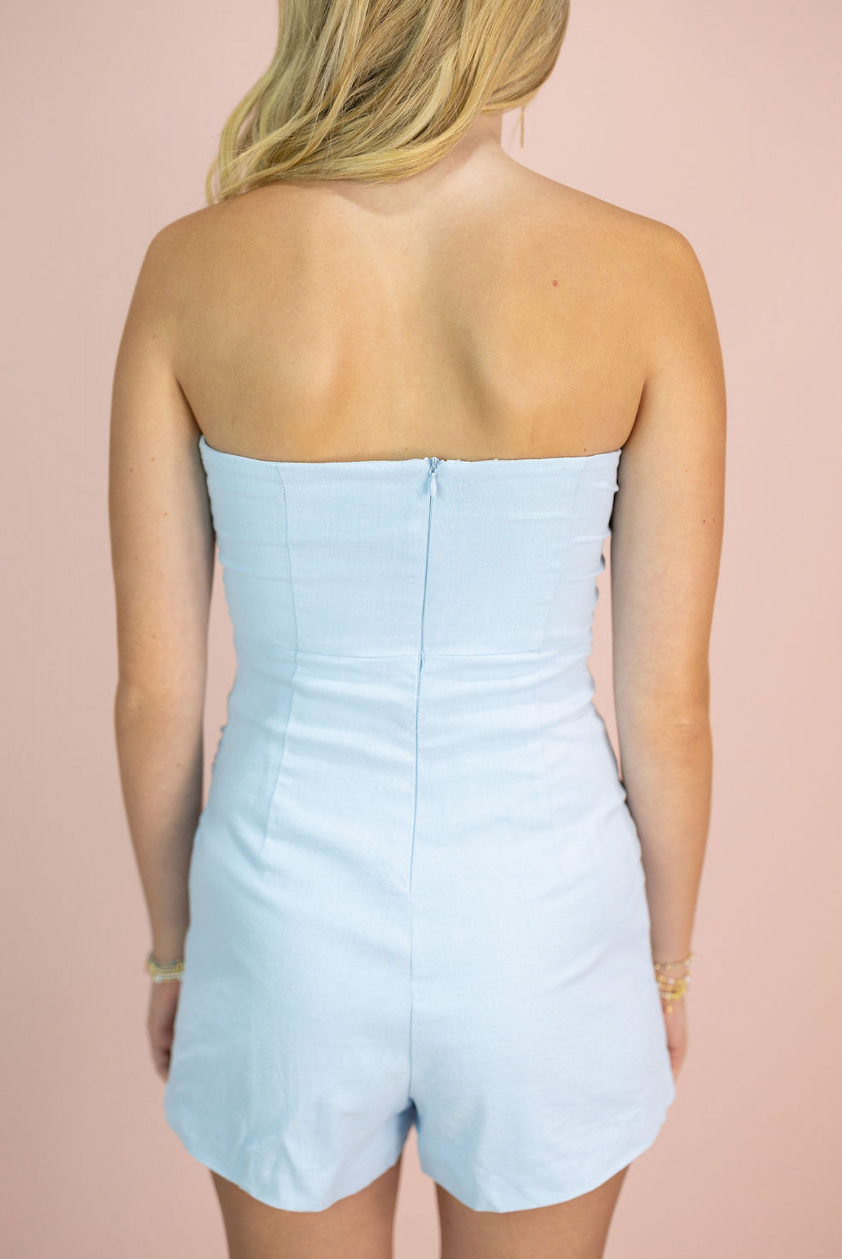 Strapless Side Shirring Romper Blue