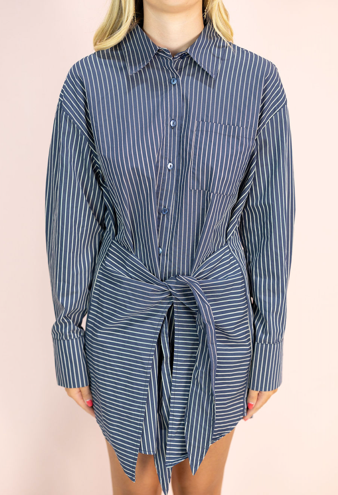 Navy Pinstripe Wrap Shirt Dress