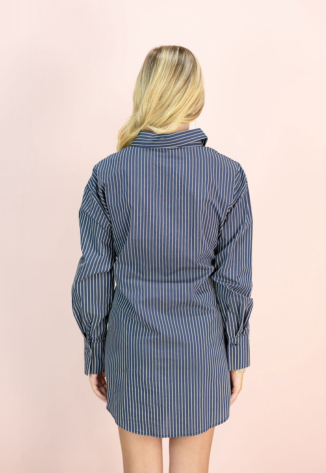 Navy Pinstripe Wrap Shirt Dress