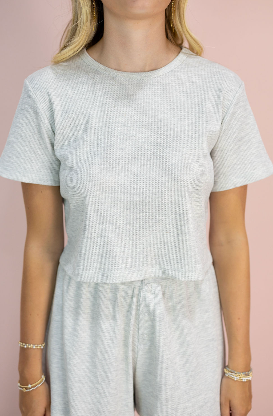 Waffle Knit Round Neck Top Grey