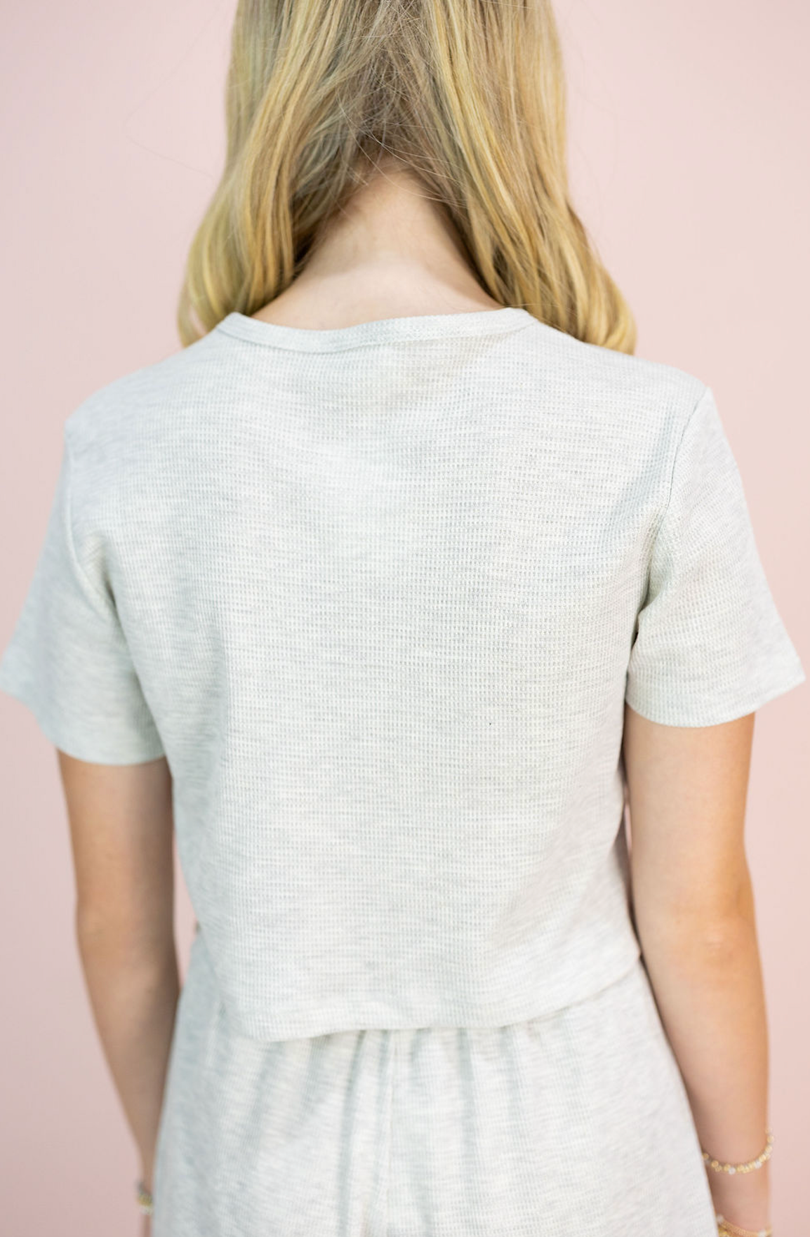 Waffle Knit Round Neck Top Grey