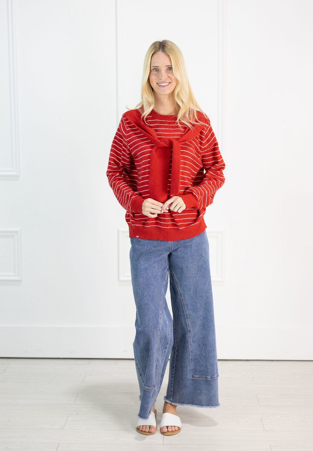 Red Shoulder Shawl Striped Sweater