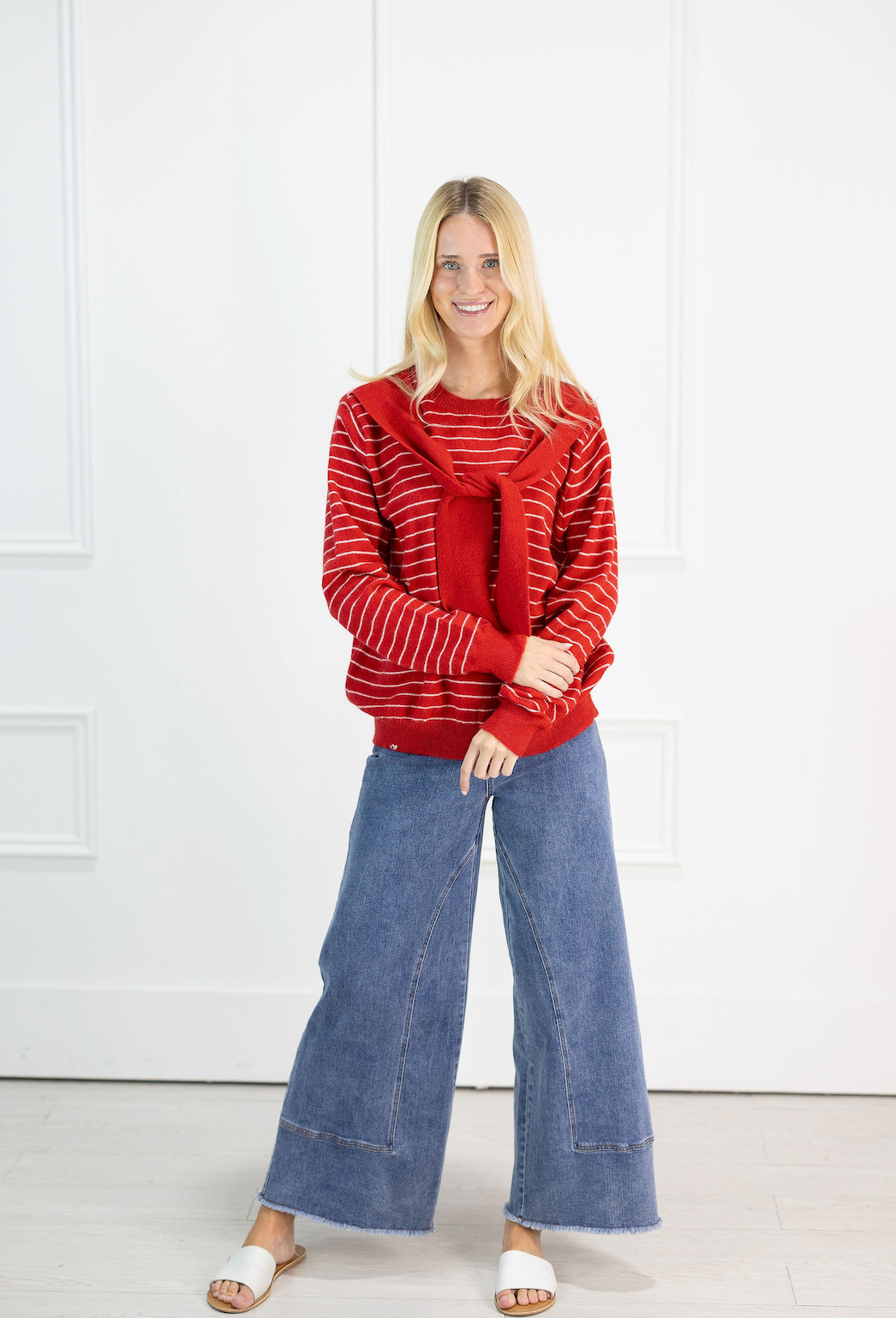 Red Shoulder Shawl Striped Sweater