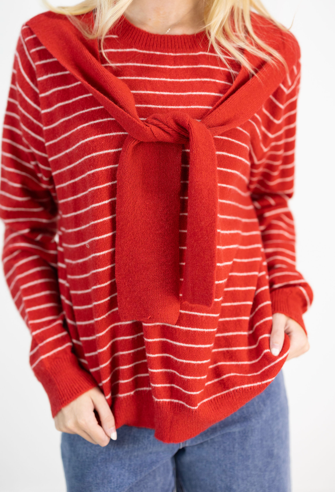 Red Shoulder Shawl Striped Sweater