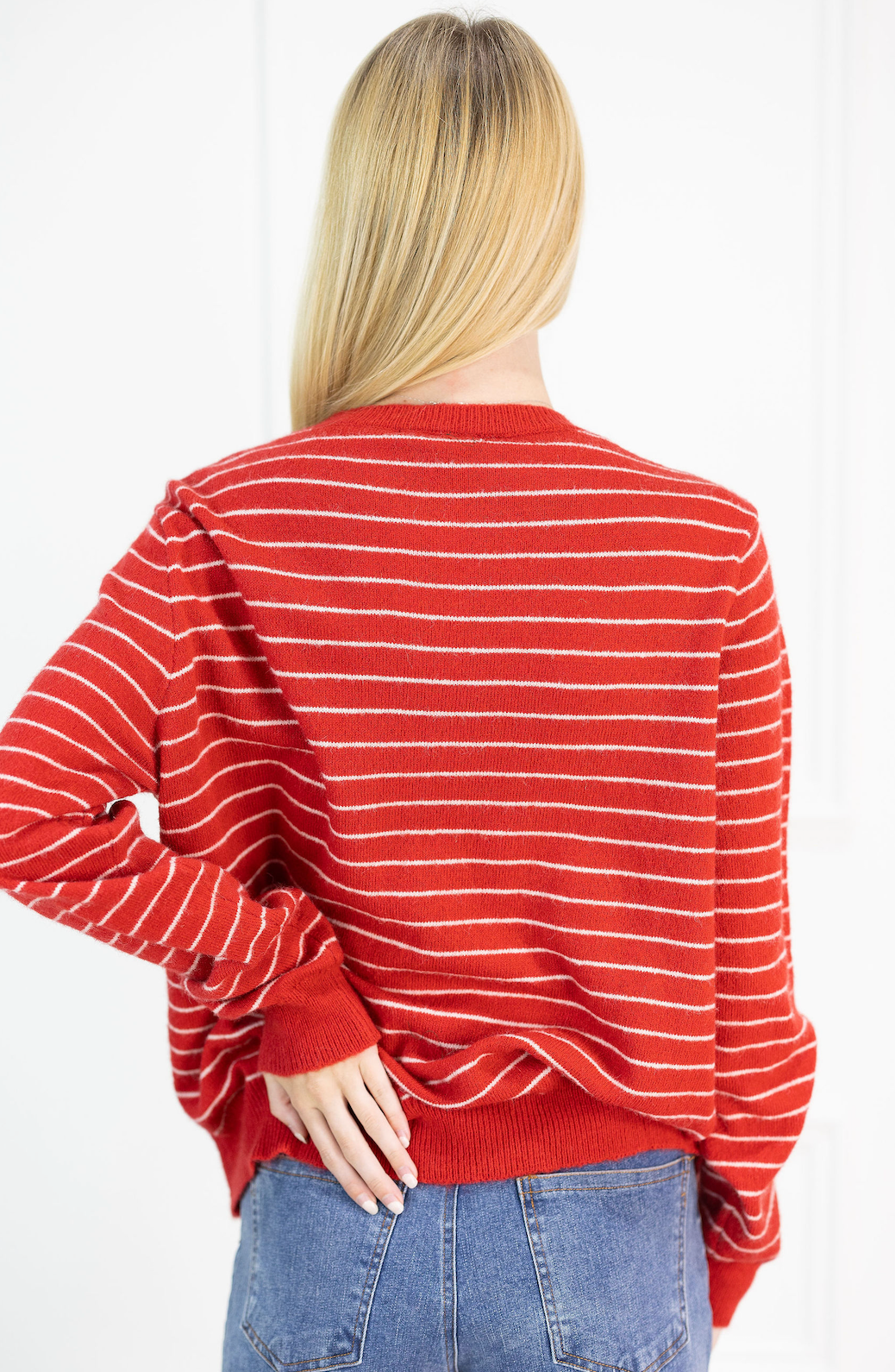 Red Shoulder Shawl Striped Sweater