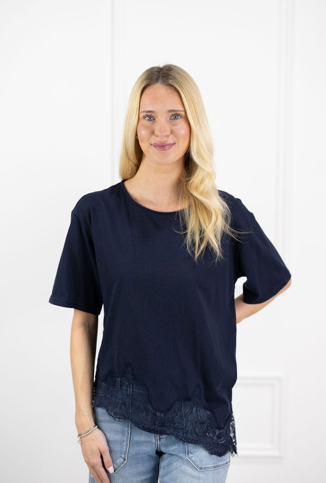 Slub Lace Hem Tee Navy