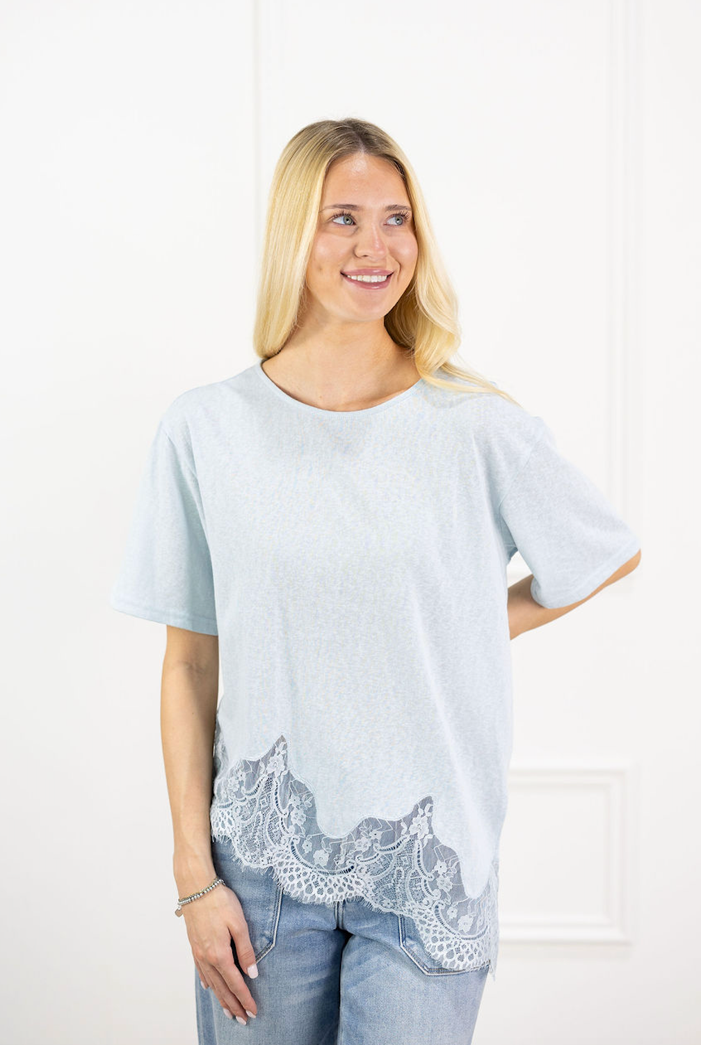 Slub Lace Hem Tee Blue