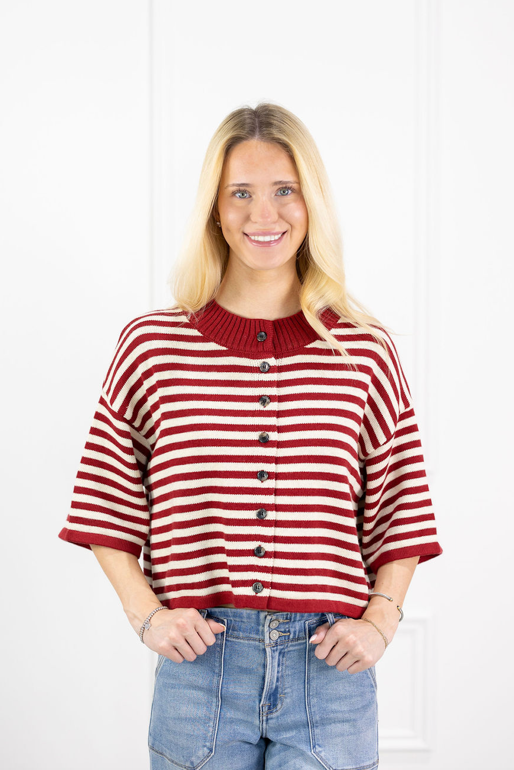 Striped Short Sleeve Cardigan Red