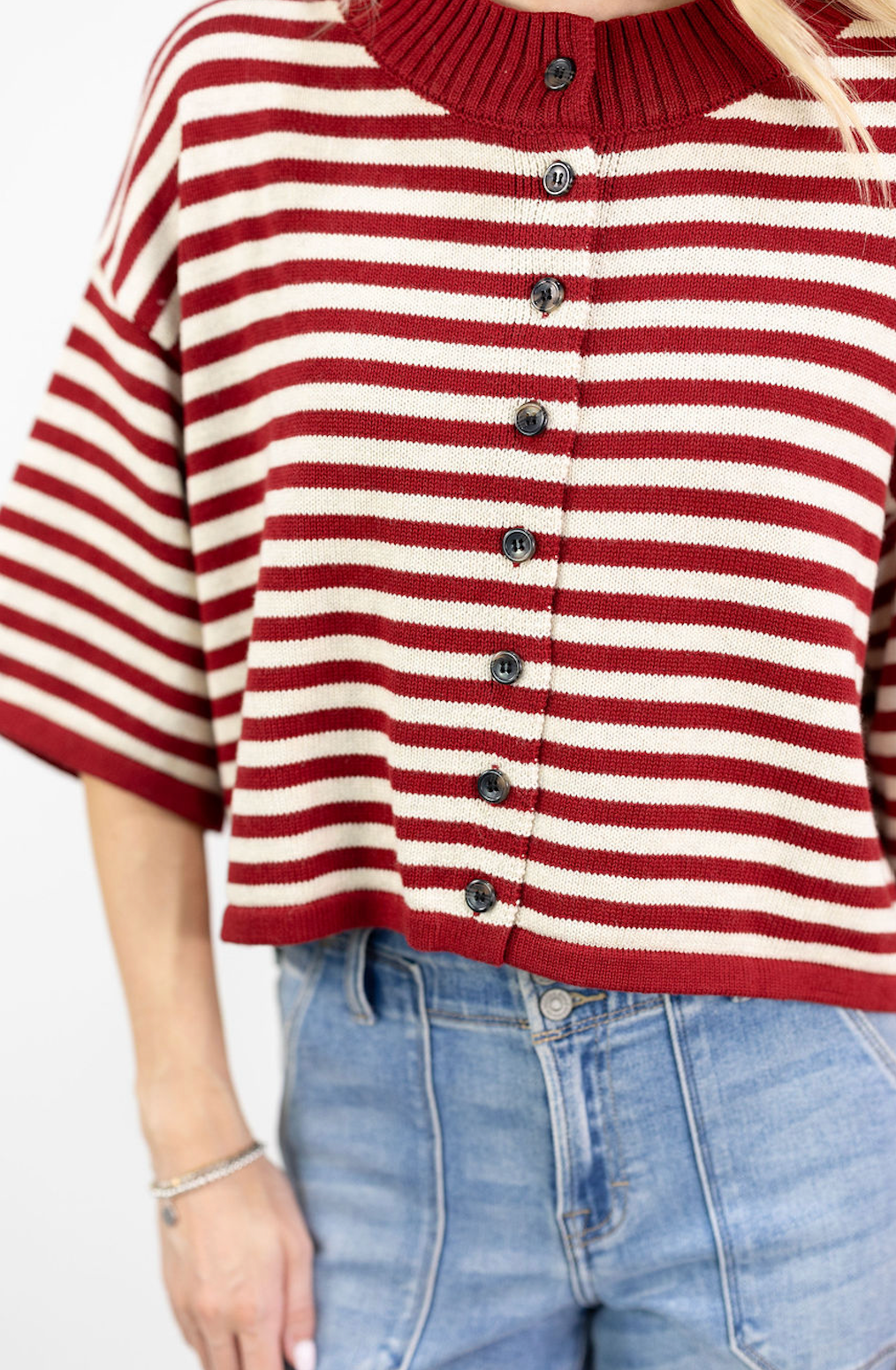 Striped Short Sleeve Cardigan Red